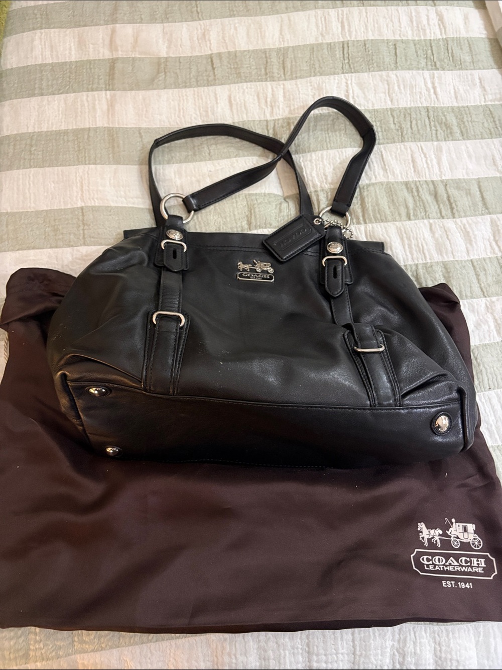 Coach Black Leather Shoulder Satchel with Silver Hardware